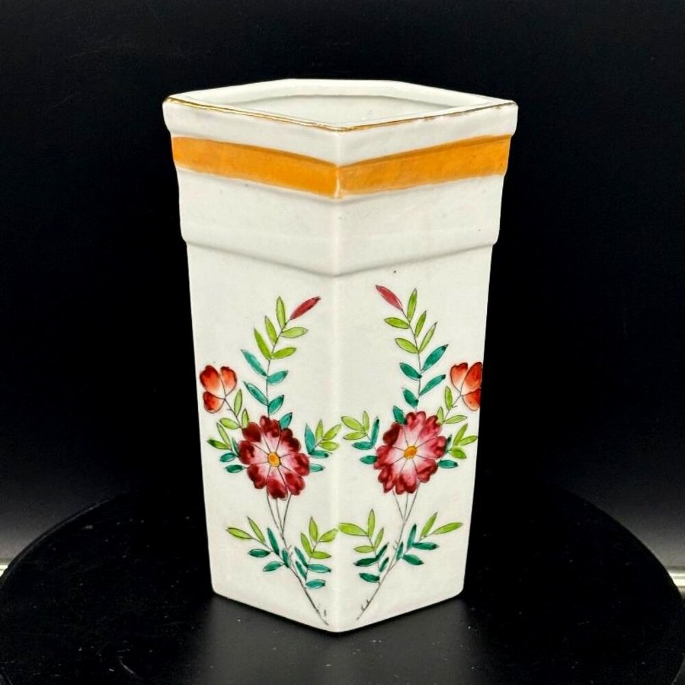 Vintage Chinese Hand Painted Floral Diamond Shaped Porcelain Wall Pocket Planter